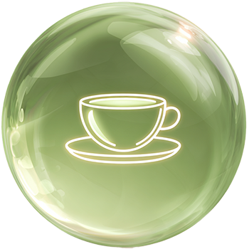 Green glass sphere with a white outline of a teacup and saucer inside