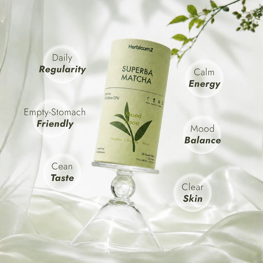 Superba Matcha canister with text highlighting benefits on a white background