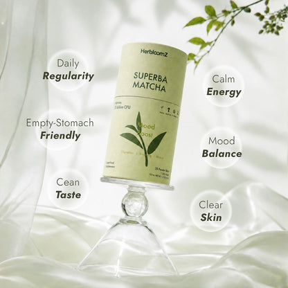 Superba Matcha canister with text highlighting benefits on a white background