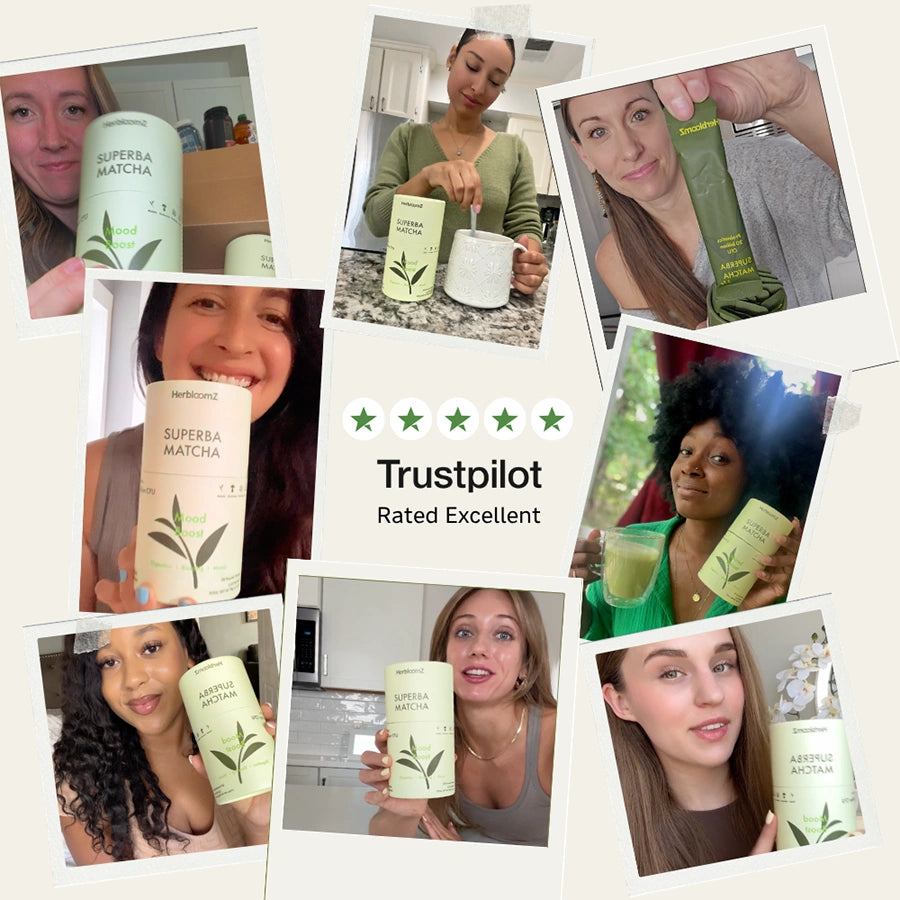 Collage of people holding Superba Matcha products with a Trustpilot rating badge.