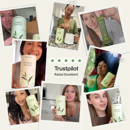 Collage of people holding Superba Matcha products with a Trustpilot rating badge.