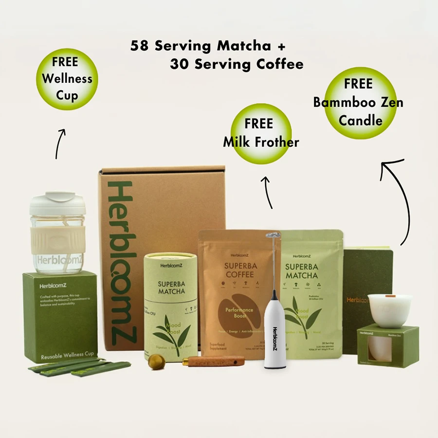 The complete HerbloomZ SUPERBA BALANCE SET, an ultimate wellness gift with probiotic matcha, adaptogenic coffee, a reusable cup, and a candle for a full gut-mood and energy ritual