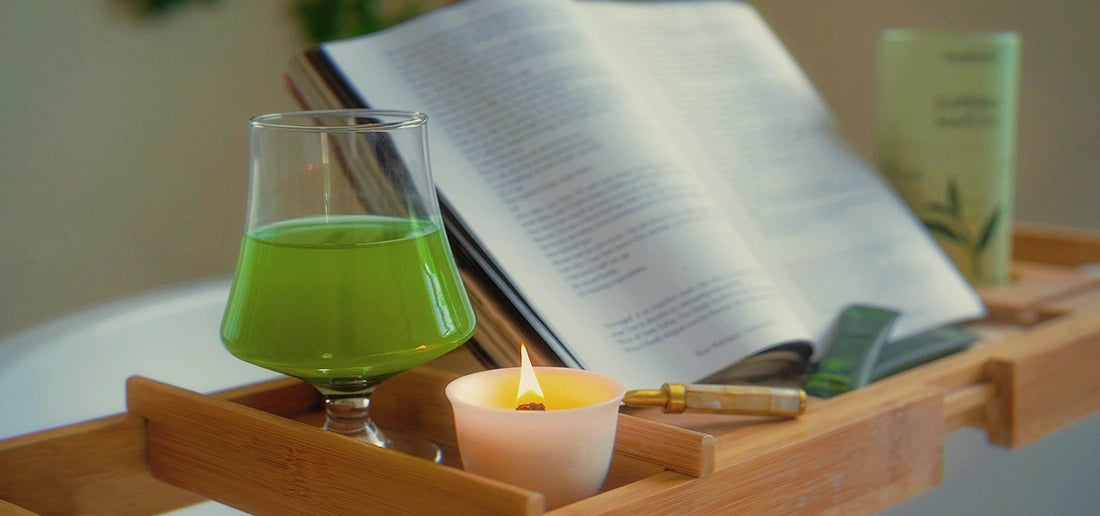 SUPERBA Matcha Set ritual with a glass of probiotic matcha, Bamboo Zen Candle, and open book — a calming moment for gut health, stress relief, and focus.