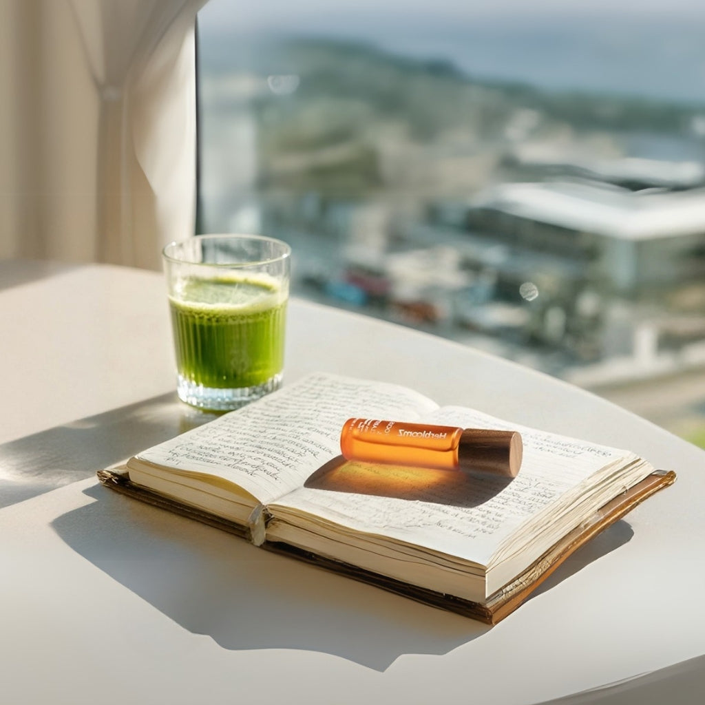 HerbloomZ Focus Essential Oil and SUPERBA MATCHA morning ritual - stress relief aromatherapy roller with probiotic matcha drink on open book by window for mindful productivity