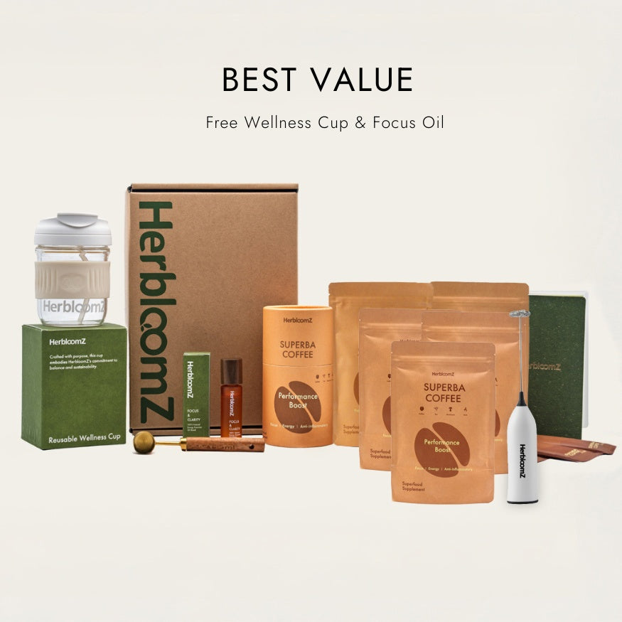 Herbloomz wellness products including coffee packages, a water bottle, and other items on a white background.