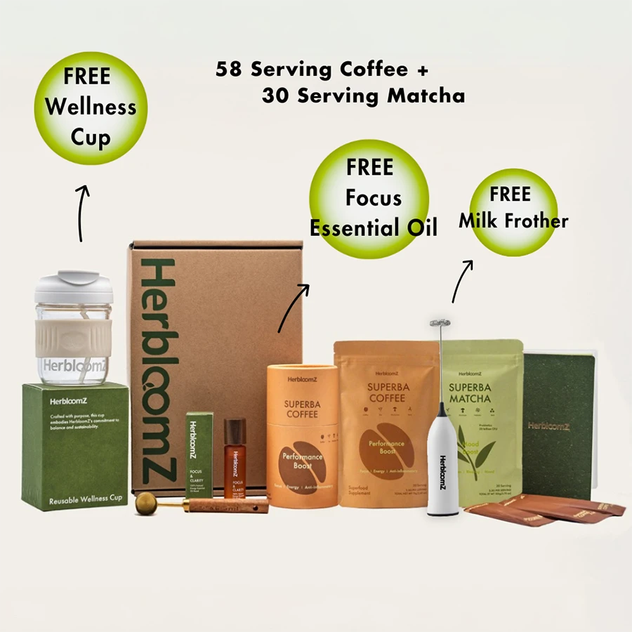HERBLOOMZ SUPERBA COFFEE Ritual Set with 58 servings, free wellness cup, focus essential oil and milk frother — complete gut-friendly coffee ritual kit