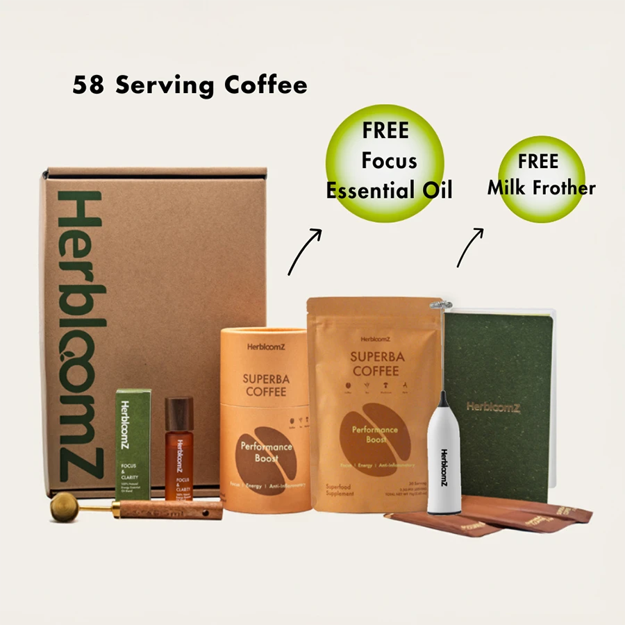 HERBLOOMZ SUPERBA COFFEE Starter Set with 58 servings, free milk frother and focus essential oil — beginner-friendly adaptogenic coffee bundle