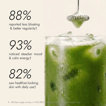 Superba matcha with a blender on a light background, featuring statistics about health benefits.