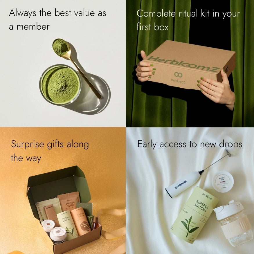 Promotional collage of Herbloomz products with text highlighting benefits.