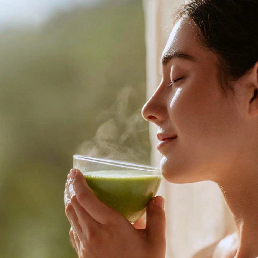 Woman holding a steaming superba matcha in a blurred natural setting