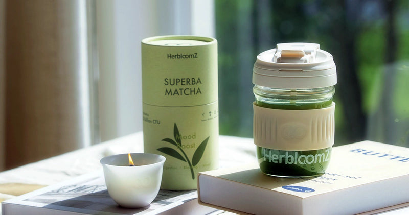 The HerbloomZ SUPERBA Matcha Set presented as a value bundle, highlighting the savings on the probiotic matcha, Wellness Cup, and Bamboo Zen candle