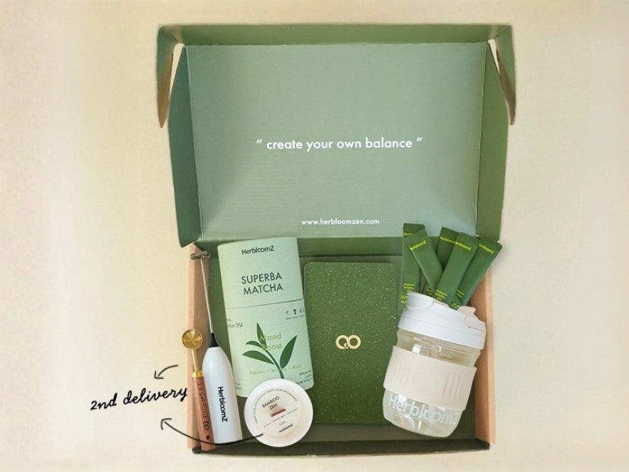 Superba matcha set product set with a box labeled 'create your own balance' on a beige background.