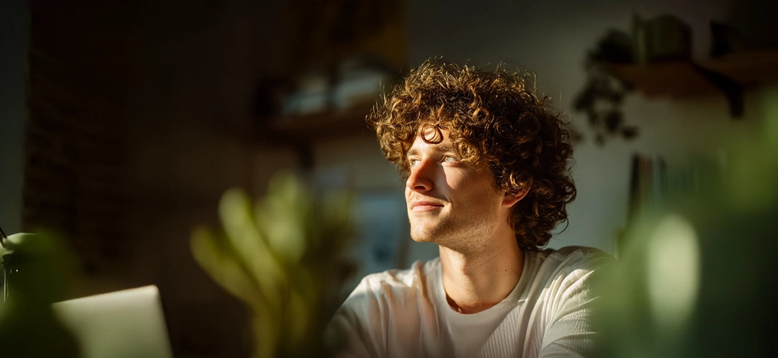 Man relaxed and focused in natural light after drinking SUPERBA COFFEE, calm energy and clear mind