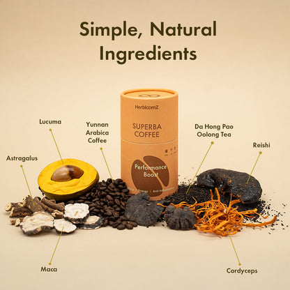 HERBLOOMZ SUPERBA mushroom coffee ingredients — Yunnan Arabica coffee, Da Hong Pao oolong tea, reishi, cordyceps, maca, astragalus, lucuma