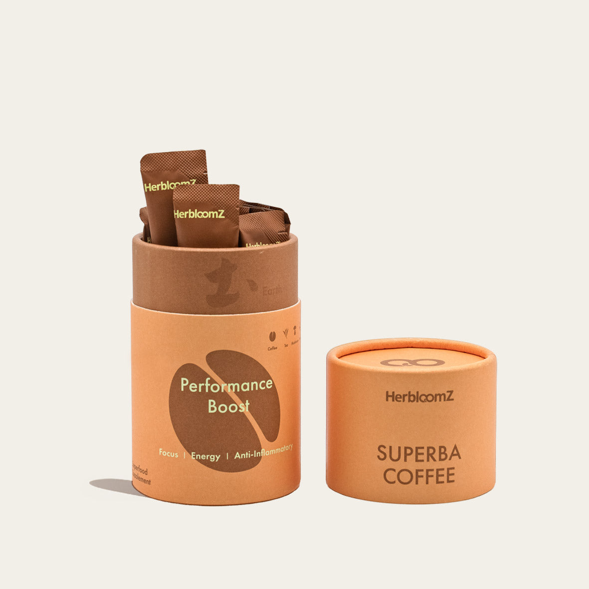 Individual sachets of HerbloomZ SUPERBA mushroom coffee with oolong tea and functional mushrooms, convenient crash-free coffee ritual