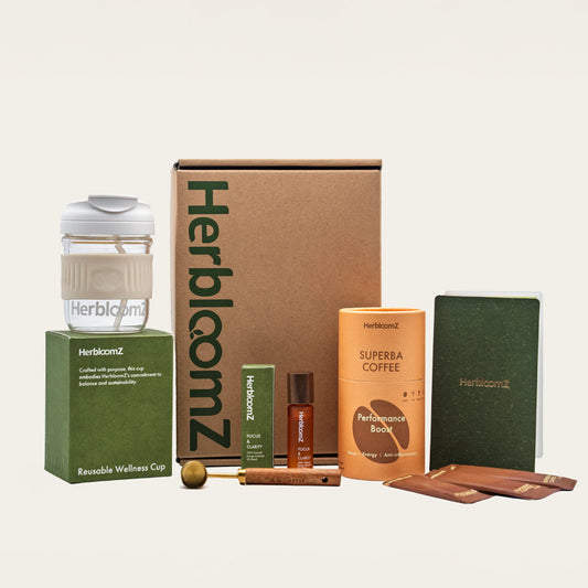 HerbloomZ SUPERBA Coffee Set with mushroom coffee, Da Hong Pao oolong tea, Focus Essential Oil, Wellness Cup and sachets — complete adaptogenic ritual kit for calm energy and focus