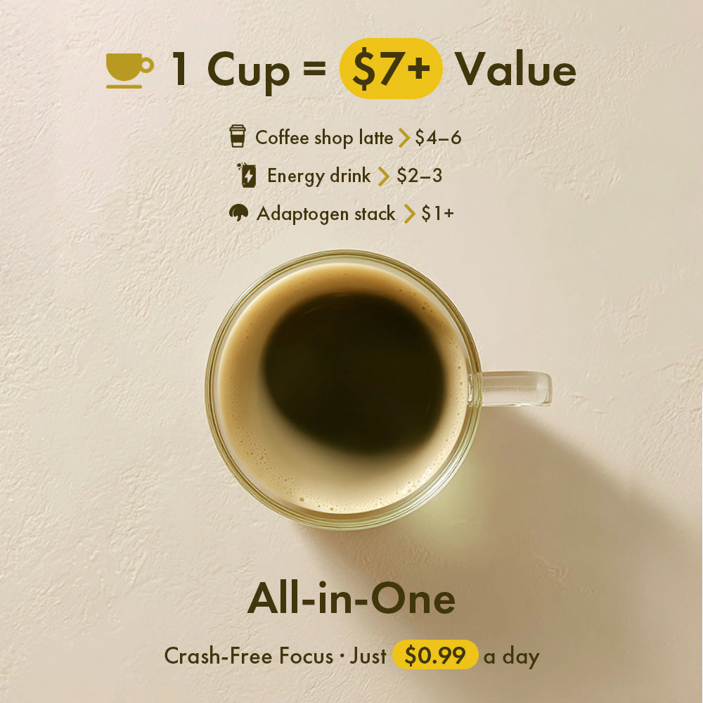 Cup of Herbloomz SUPERBA mushroom coffee with oolong tea showing $7+ value per serving compared to lattes, energy drinks, and adaptogen stacks
