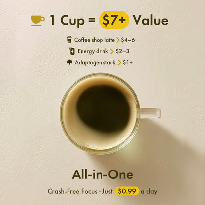 Cup of Herbloomz SUPERBA mushroom coffee with oolong tea showing $7+ value per serving compared to lattes, energy drinks, and adaptogen stacks