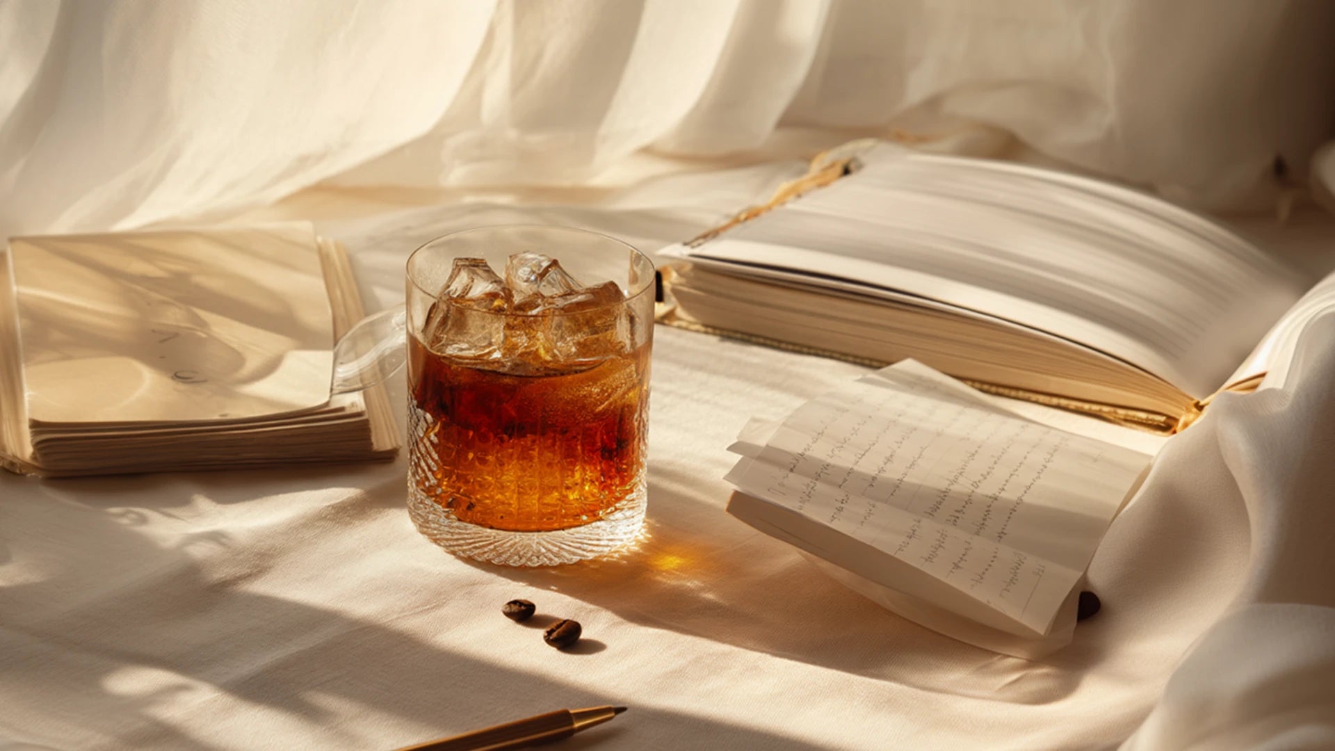Iced SUPERBA COFFEE in a glass with books and sunlight, refreshing gut-friendly energy ritual
