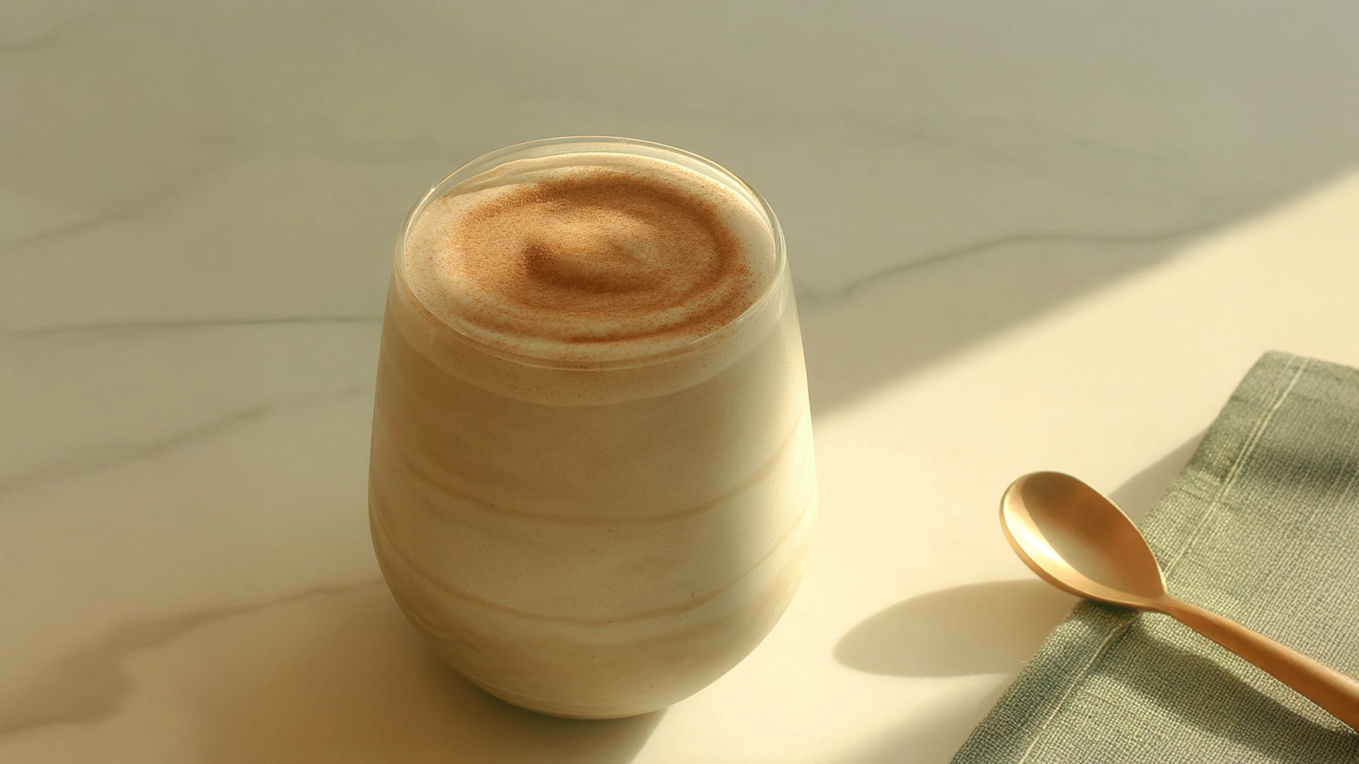 SUPERBA COFFEE smoothie blended with adaptogens, creamy texture in a glass with golden spoon, nourishing energy ritual