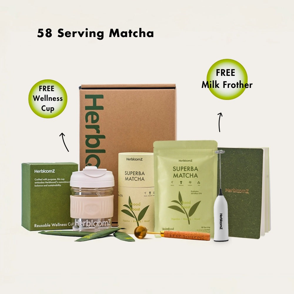 Herbloomz matcha product set with packaging and accessories on a white background
