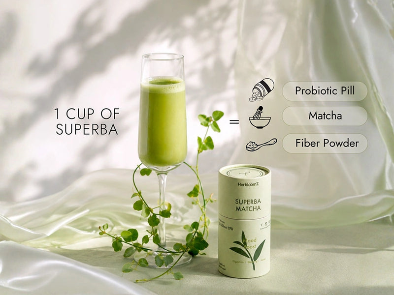 Superba Matcha with a glass of green liquid and packaging on a light background