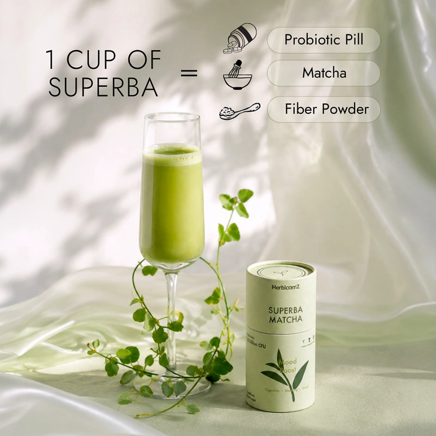 Superba Matcha with a glass of matcha and a container on a light background