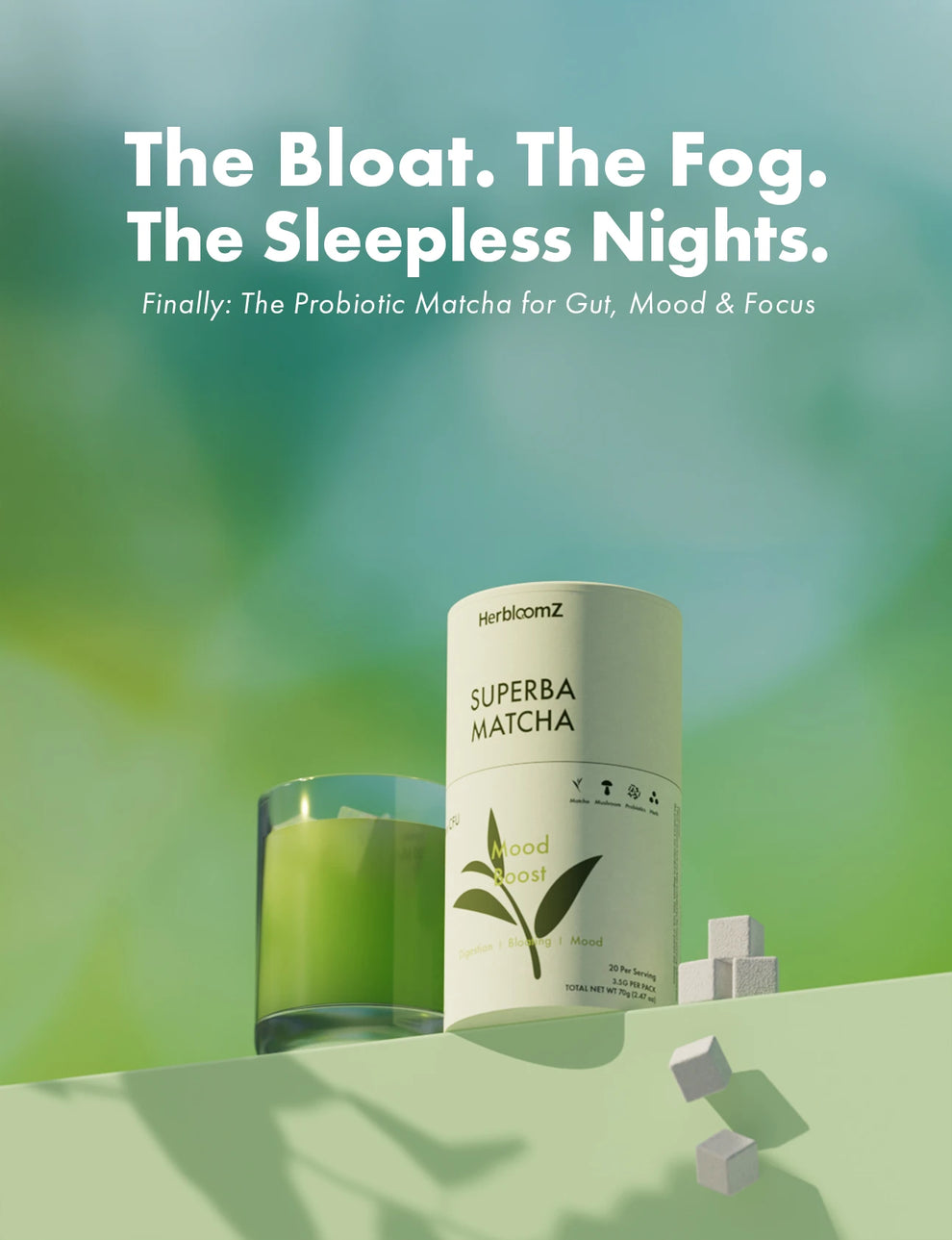 HerbloomZ SUPERBA MATCHA, the all-in-one probiotic matcha formulated to reduce stress belly by balancing cortisol for a calmer gut and clearer mind.